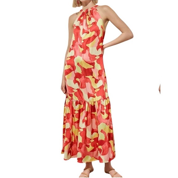 Ming Wang Halter Maxi Dress Women's SZ M Red Yellow Tiered Sleeveless Summer - Picture 1 of 5
